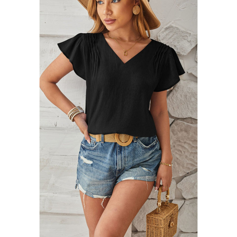 Ruched V-Neck Flounce Sleeve Blouse Apparel and Accessories