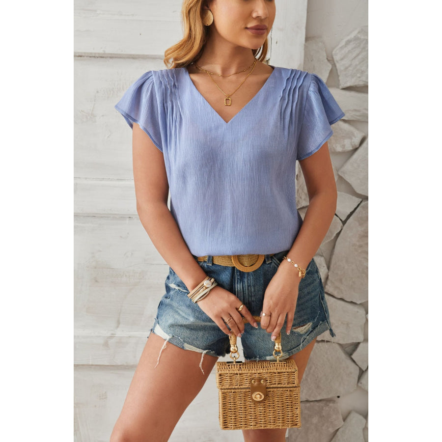 Ruched V-Neck Flounce Sleeve Blouse Apparel and Accessories