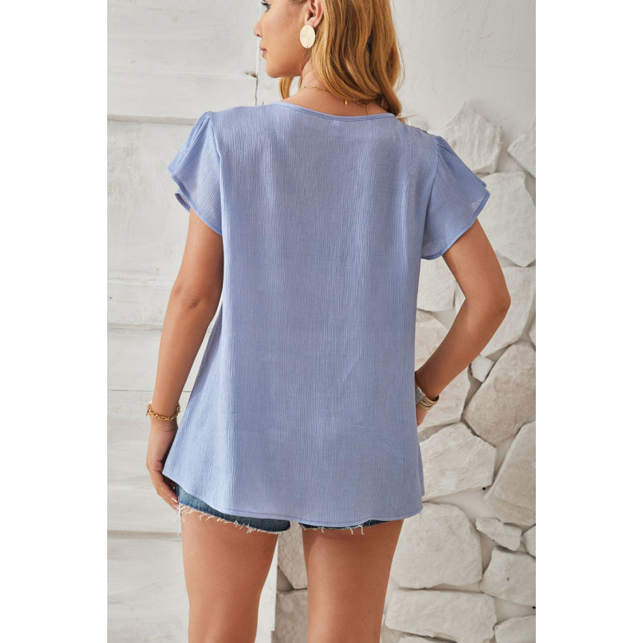 Ruched V-Neck Flounce Sleeve Blouse Apparel and Accessories