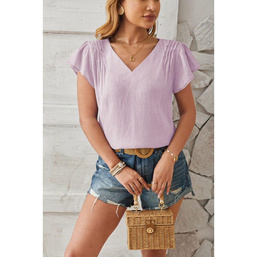 Ruched V-Neck Flounce Sleeve Blouse Lilac / S Apparel and Accessories