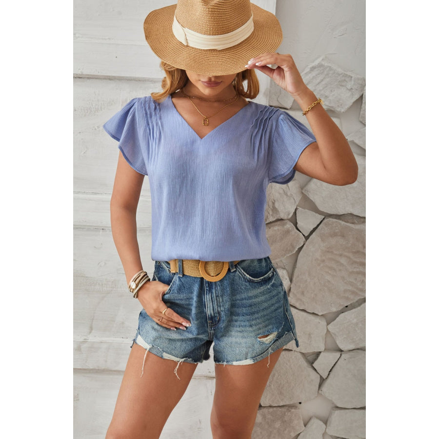 Ruched V-Neck Flounce Sleeve Blouse Misty Blue / S Apparel and Accessories