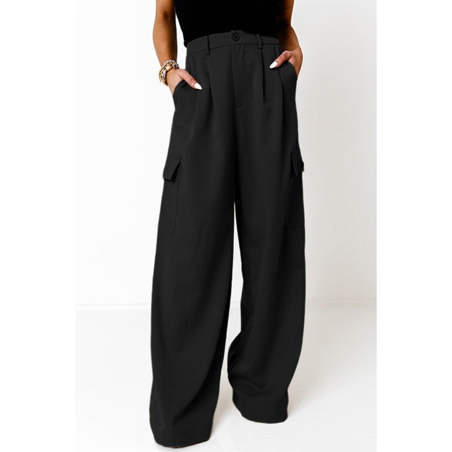 Ruched Wide Leg Pants with Pockets Black / 18 Apparel and Accessories