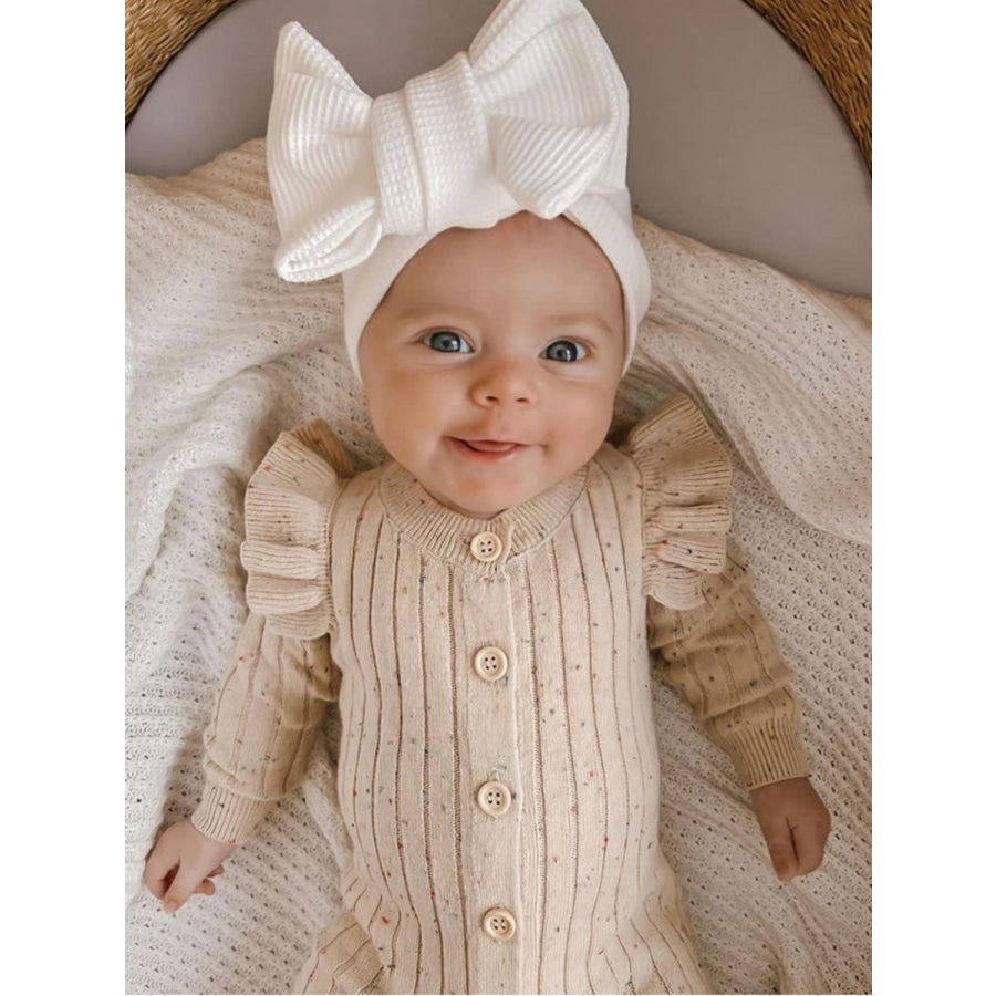 Ruffled Button Up Long Sleeve Jumpsuit Beige / 0-3M Apparel and Accessories