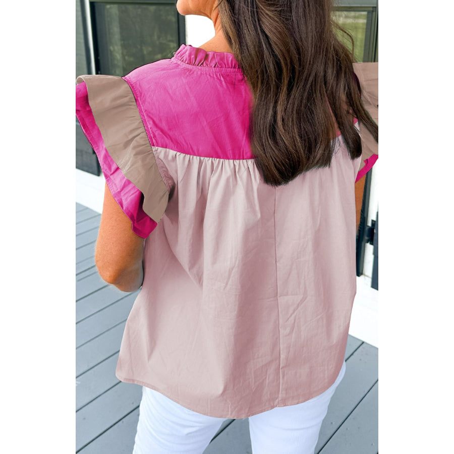 Ruffled Color Block Notched Cap Sleeve Blouse Apparel and Accessories