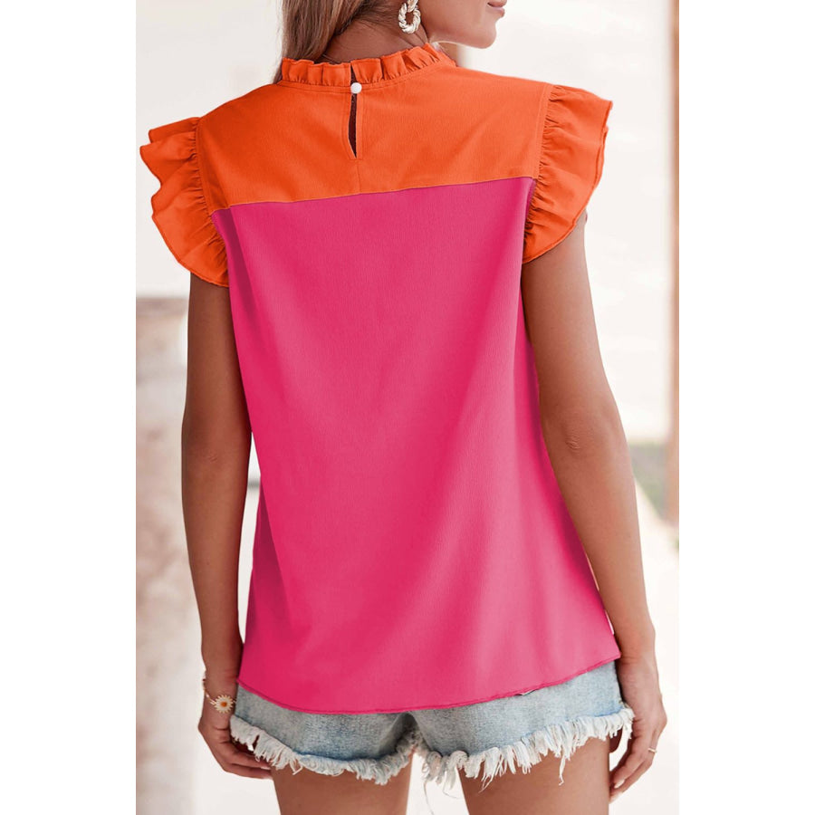 Ruffled Color Block Round Neck Cap Sleeve Blouse Apparel and Accessories