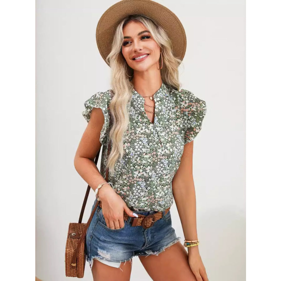 Ruffled Floral Notched Cap Sleeve Blouse Sage / S Apparel and Accessories