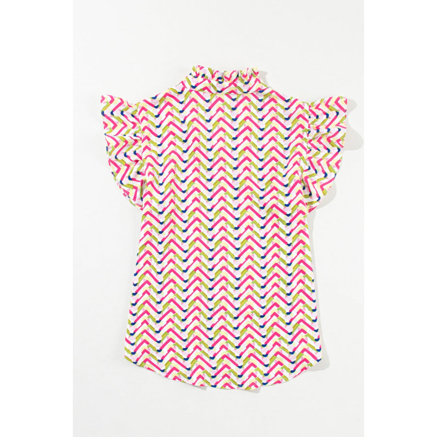 Ruffled Notched Cap Sleeve Blouse Hot Pink / S Apparel and Accessories