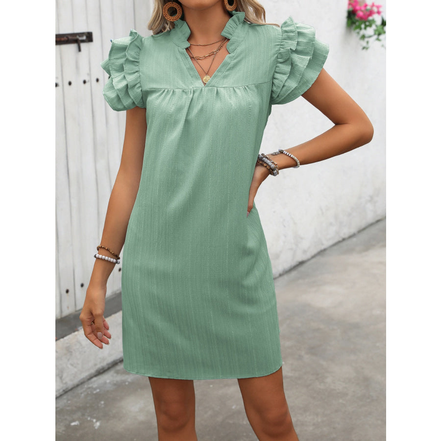 Ruffled Notched Cap Sleeve Mini Dress Sage / S Apparel and Accessories