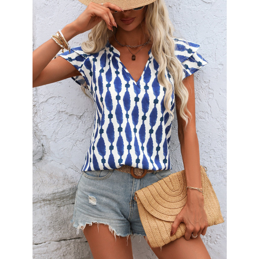 Ruffled Printed Notched Cap Sleeve Blouse Apparel and Accessories