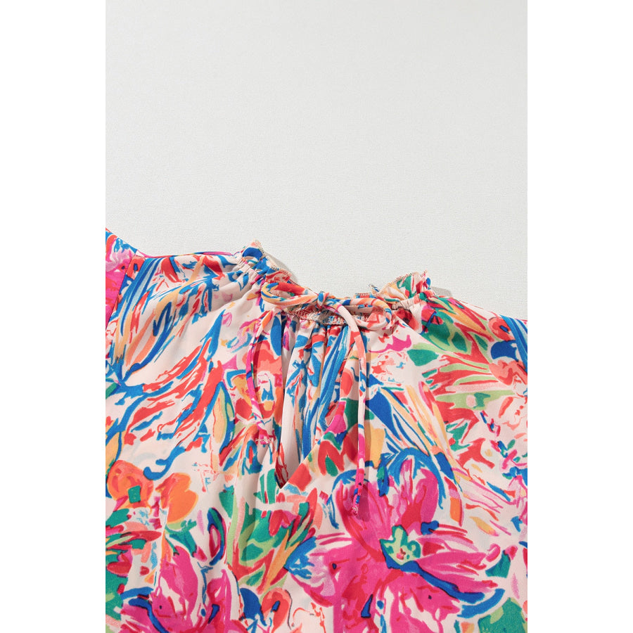 Ruffled Printed Tie Neck Cap Sleeve Blouse Apparel and Accessories