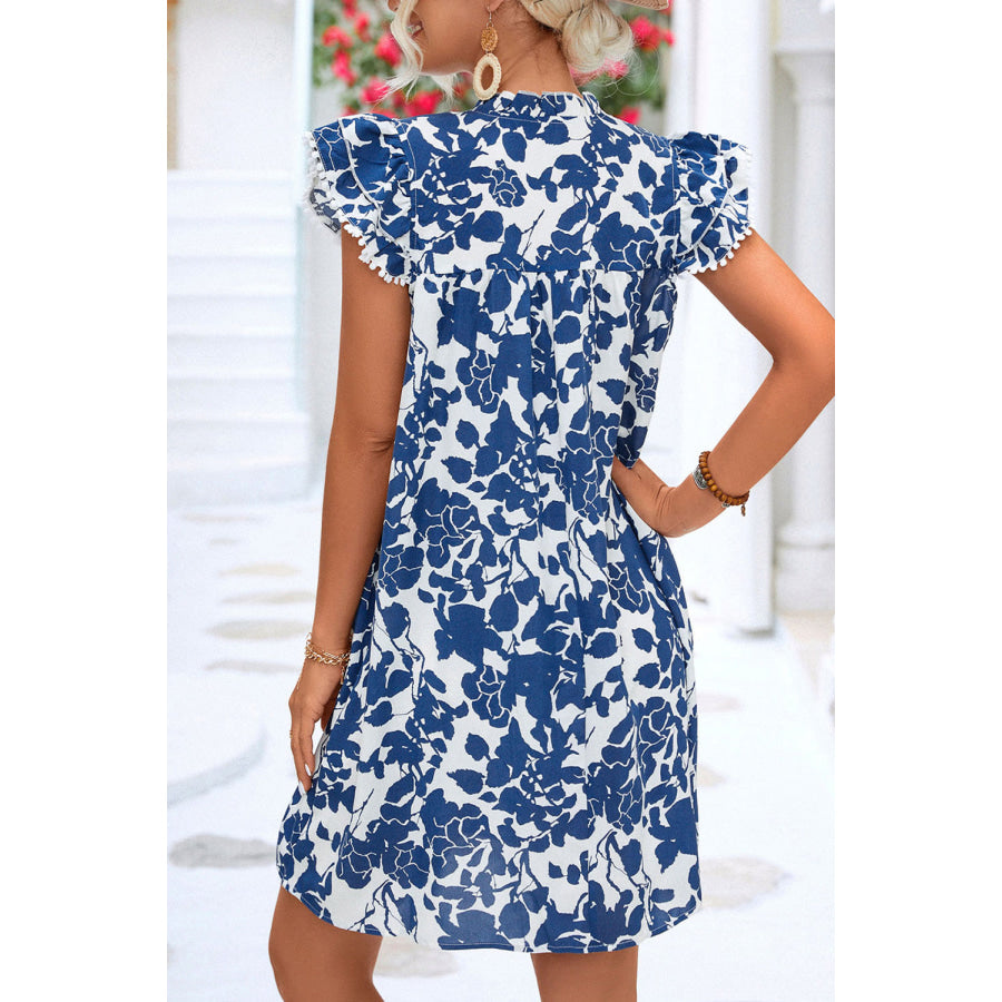 Ruffled Printed Tie Neck Cap Sleeve Mini Dress Apparel and Accessories