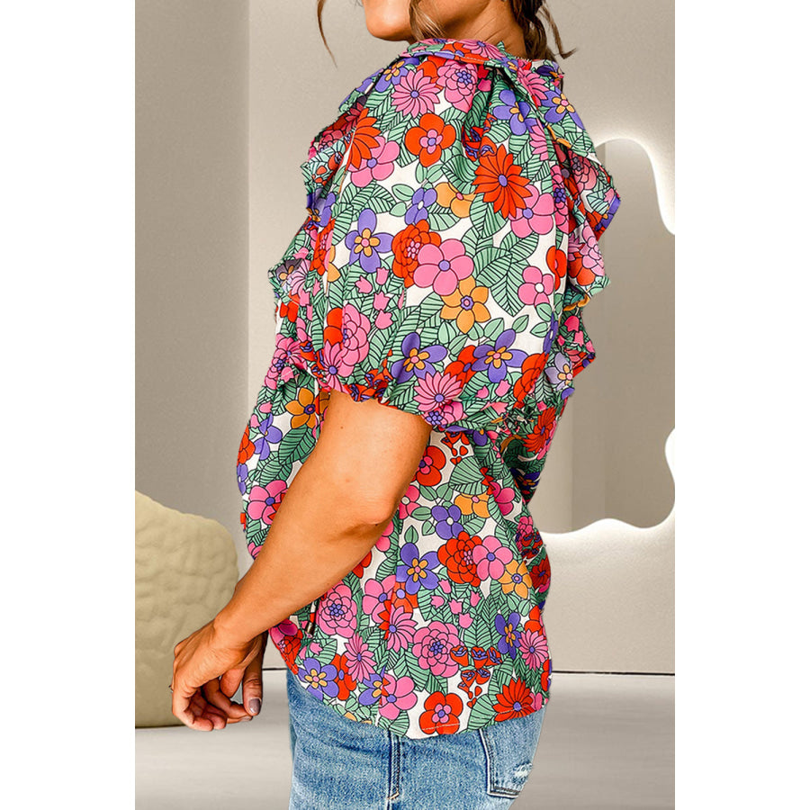 Ruffled Printed Tie Neck Short Sleeve Blouse Floral / S Apparel and Accessories