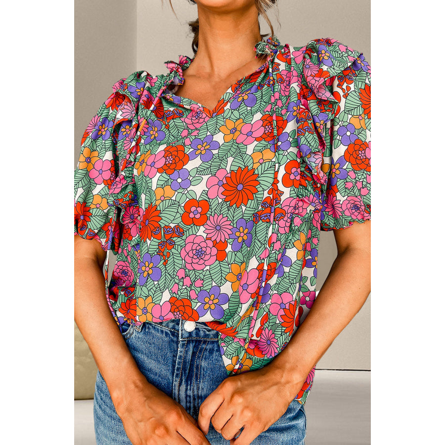 Ruffled Printed Tie Neck Short Sleeve Blouse Floral / S Apparel and Accessories