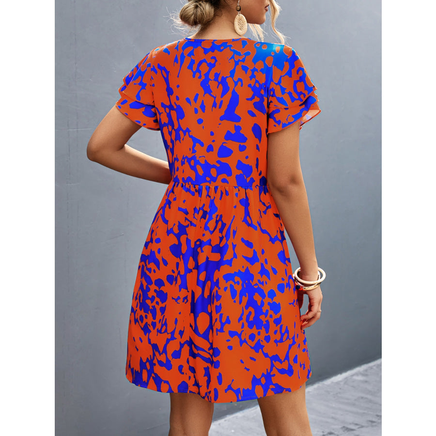 Ruffled Printed V-Neck Short Sleeve Mini Dress Orange-Red / S Apparel and Accessories