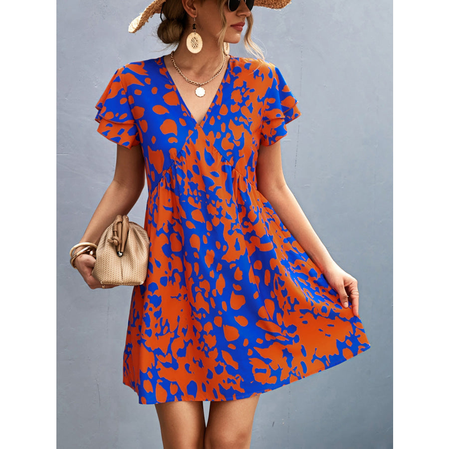 Ruffled Printed V-Neck Short Sleeve Mini Dress Orange-Red / S Apparel and Accessories