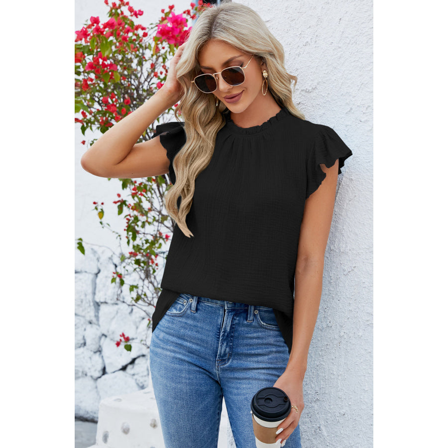 Ruffled Round Neck Cap Sleeve Blouse Black / S Apparel and Accessories