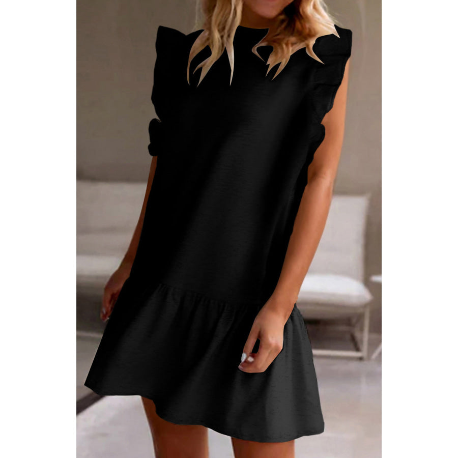 Ruffled Round Neck Cap Sleeve Mini Dress Black / S Apparel and Accessories