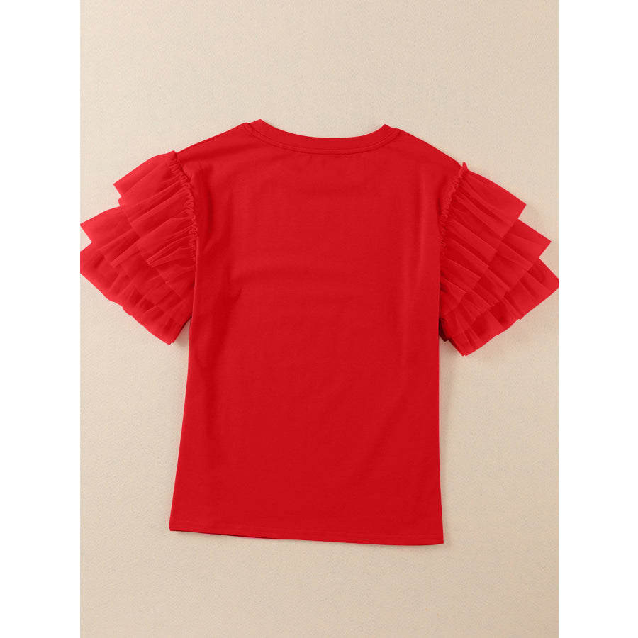 Ruffled Round Neck Short Sleeve Blouse Apparel and Accessories