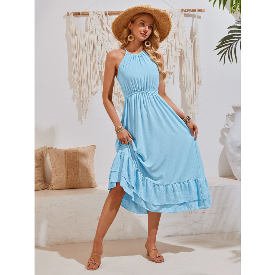 Ruffled Round Neck Sleeveless Dress Pastel Blue / S Apparel and Accessories