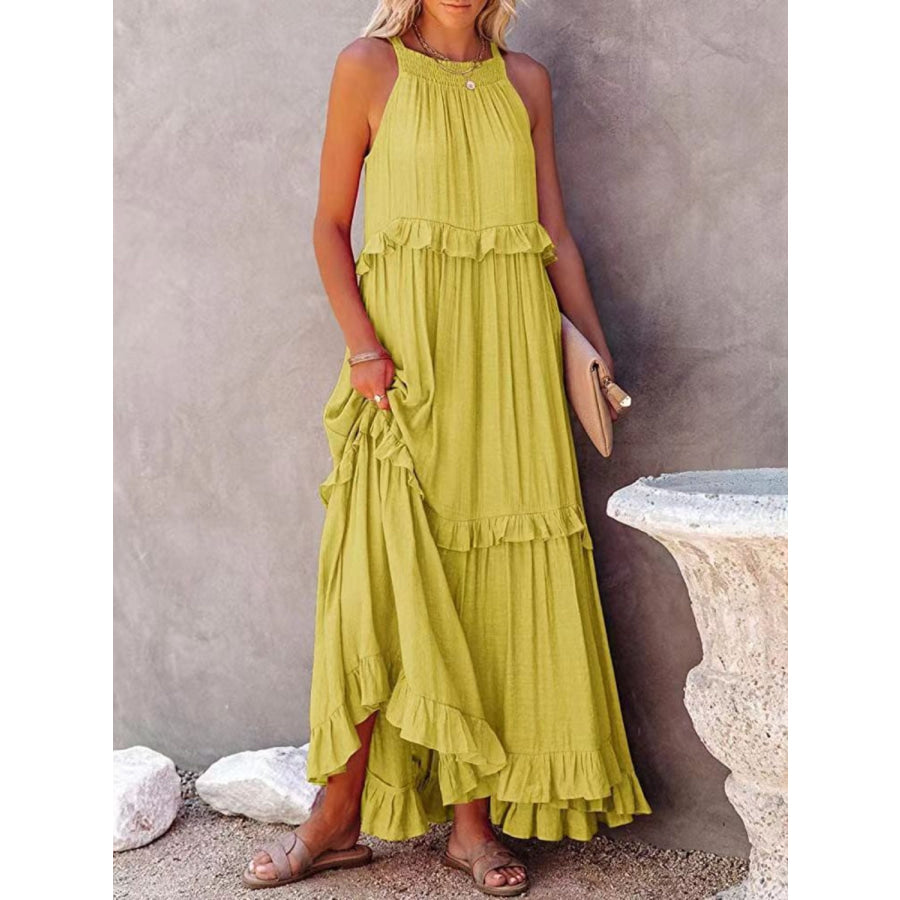 Ruffled Sleeveless Maxi Dress with Pockets Apparel and Accessories