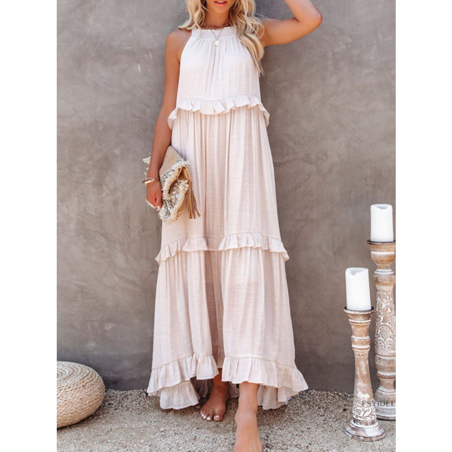 Ruffled Sleeveless Maxi Dress with Pockets Apparel and Accessories