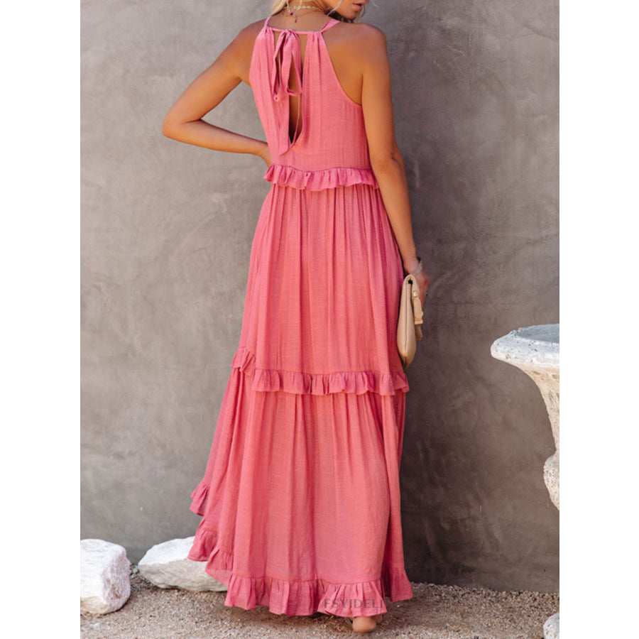 Ruffled Sleeveless Maxi Dress with Pockets Apparel and Accessories