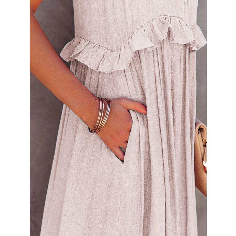 Ruffled Sleeveless Maxi Dress with Pockets Apparel and Accessories