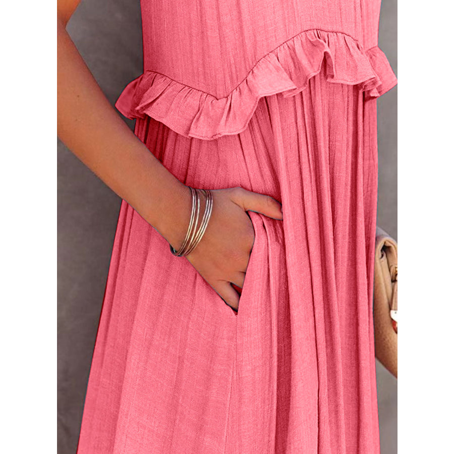 Ruffled Sleeveless Maxi Dress with Pockets Apparel and Accessories