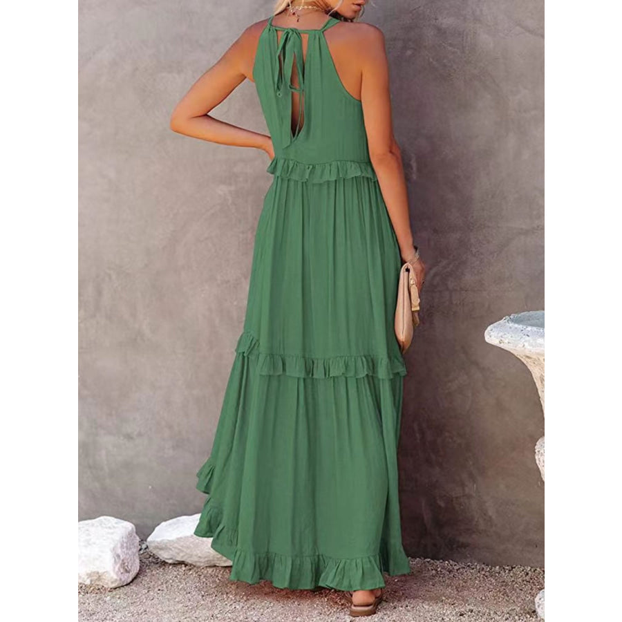 Ruffled Sleeveless Maxi Dress with Pockets Apparel and Accessories
