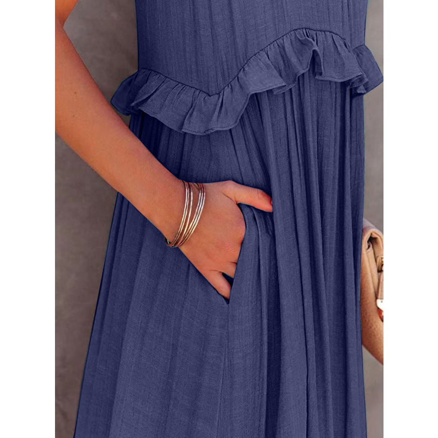 Ruffled Sleeveless Maxi Dress with Pockets Apparel and Accessories