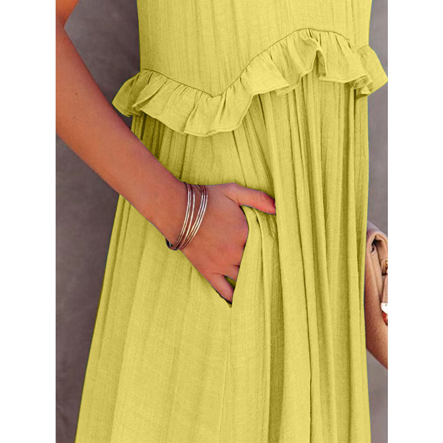 Ruffled Sleeveless Maxi Dress with Pockets Apparel and Accessories