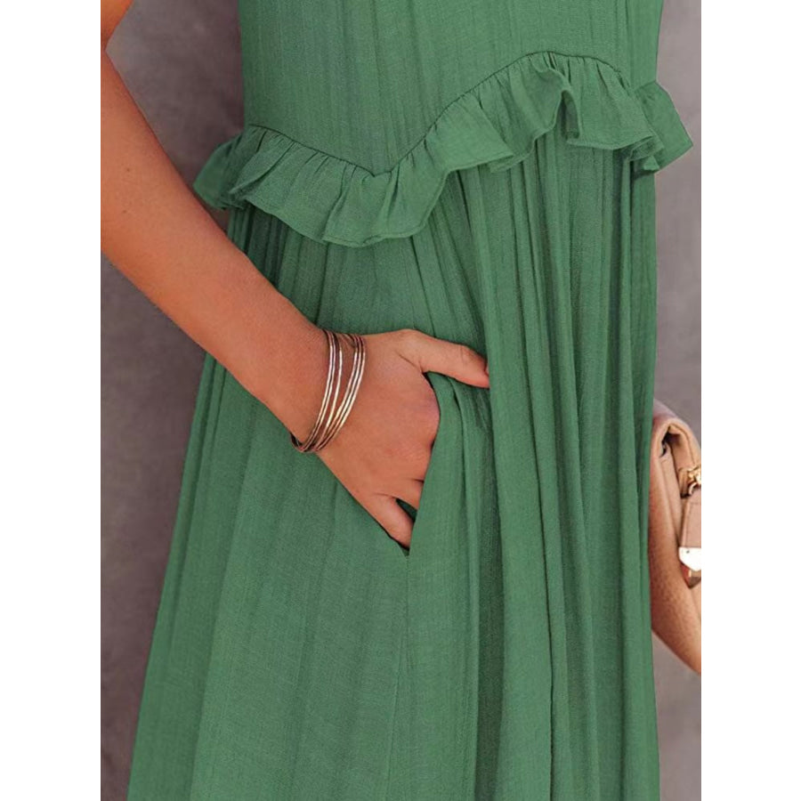 Ruffled Sleeveless Maxi Dress with Pockets Apparel and Accessories
