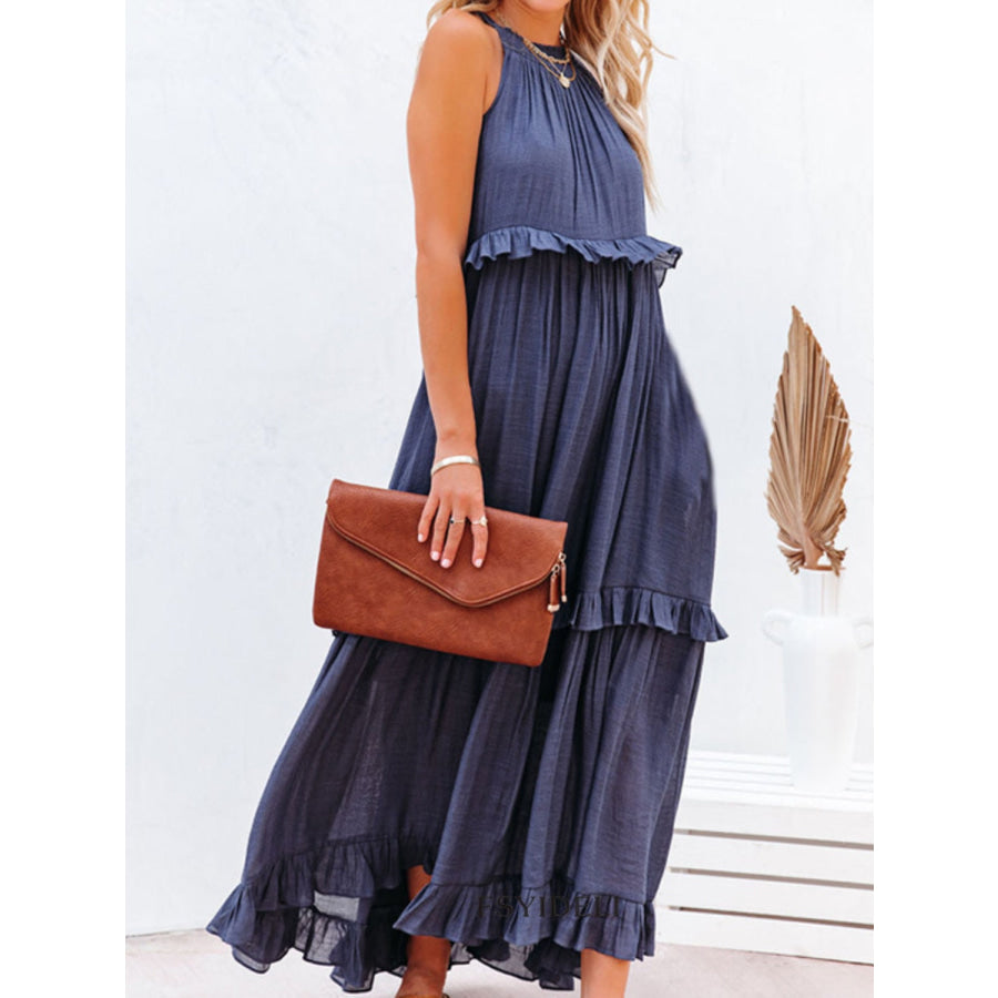 Ruffled Sleeveless Maxi Dress with Pockets Apparel and Accessories