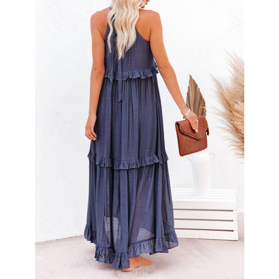 Ruffled Sleeveless Maxi Dress with Pockets Apparel and Accessories
