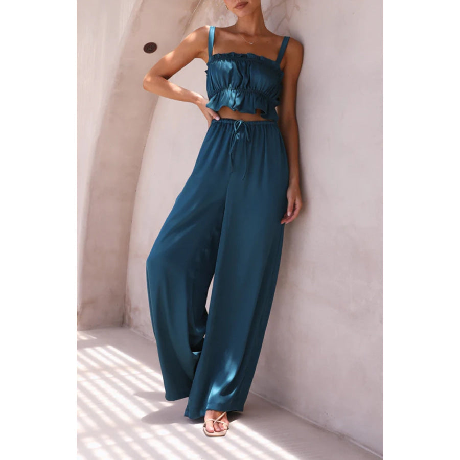 Ruffled Sleeveless Top and Wide Leg Pants Set Apparel and Accessories