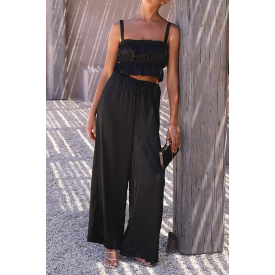 Ruffled Sleeveless Top and Wide Leg Pants Set Apparel and Accessories
