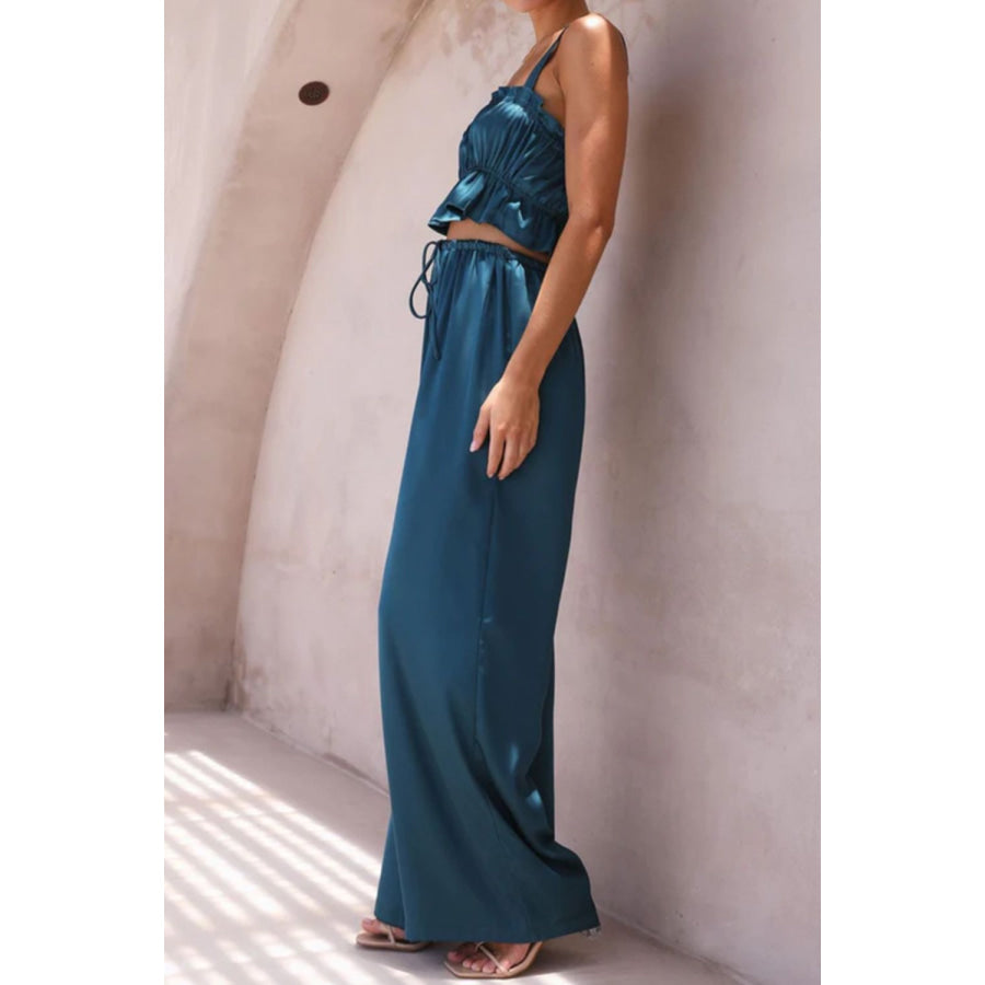 Ruffled Sleeveless Top and Wide Leg Pants Set Apparel and Accessories