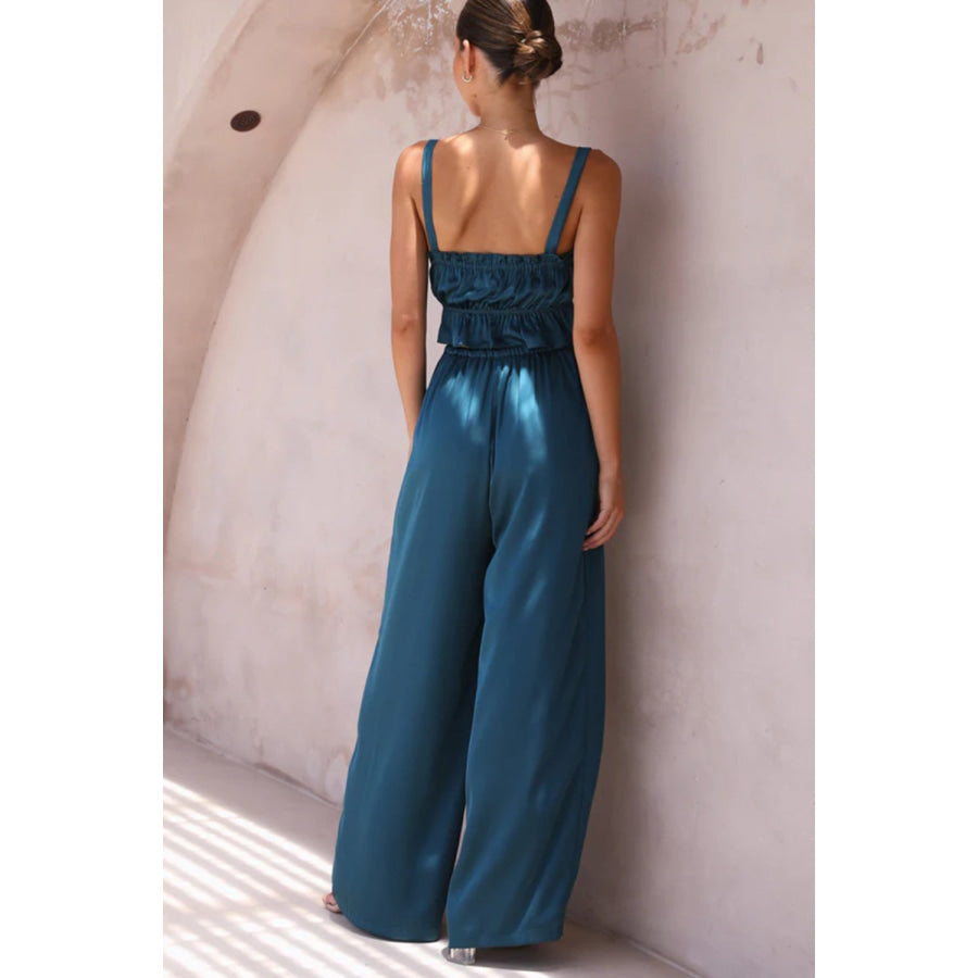 Ruffled Sleeveless Top and Wide Leg Pants Set Apparel and Accessories