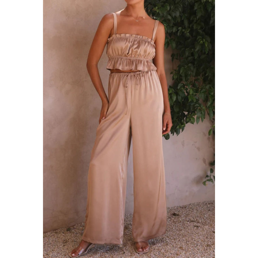 Ruffled Sleeveless Top and Wide Leg Pants Set Apparel and Accessories