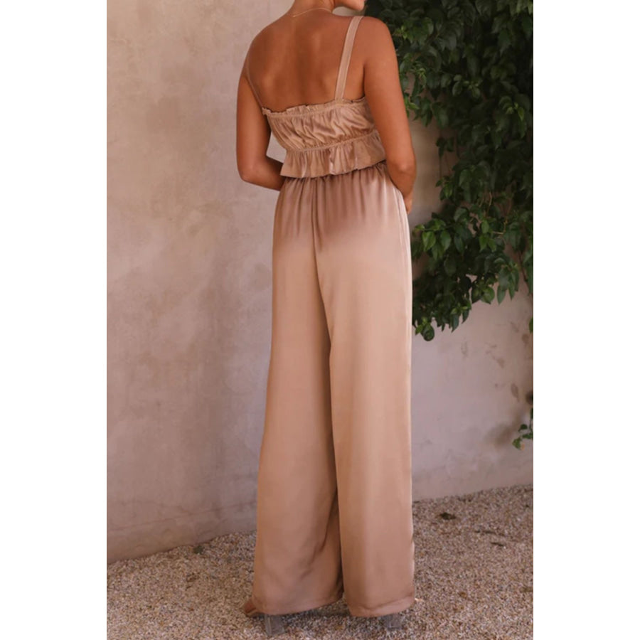 Ruffled Sleeveless Top and Wide Leg Pants Set Apparel and Accessories