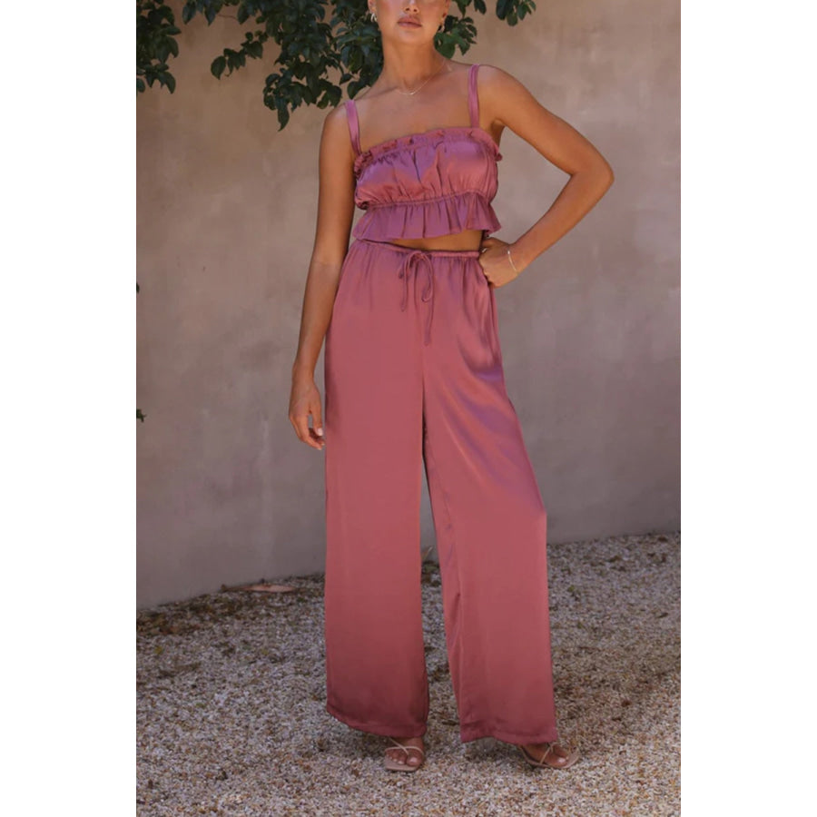 Ruffled Sleeveless Top and Wide Leg Pants Set Apparel and Accessories