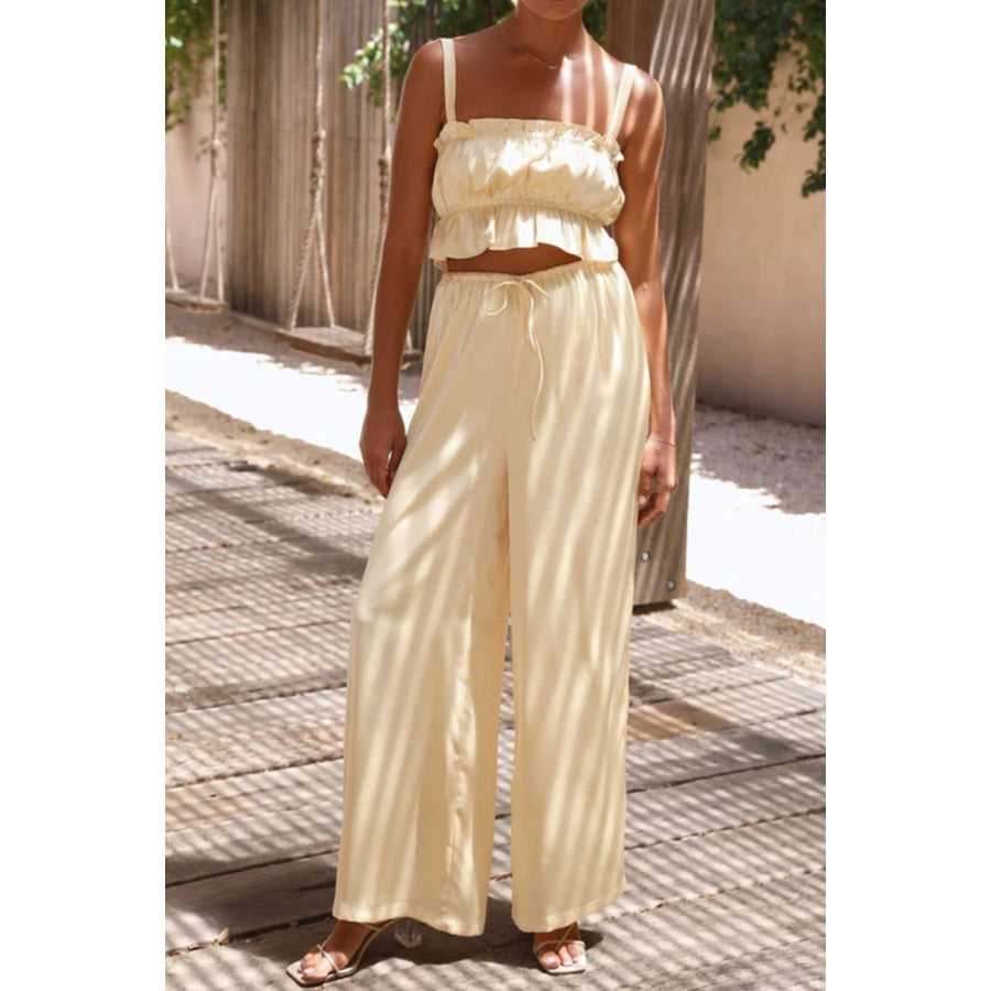 Ruffled Sleeveless Top and Wide Leg Pants Set Apparel and Accessories