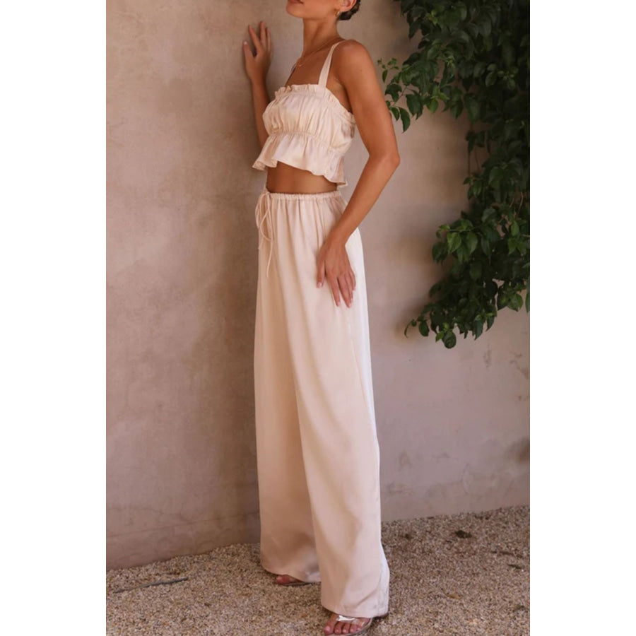 Ruffled Sleeveless Top and Wide Leg Pants Set Apparel and Accessories