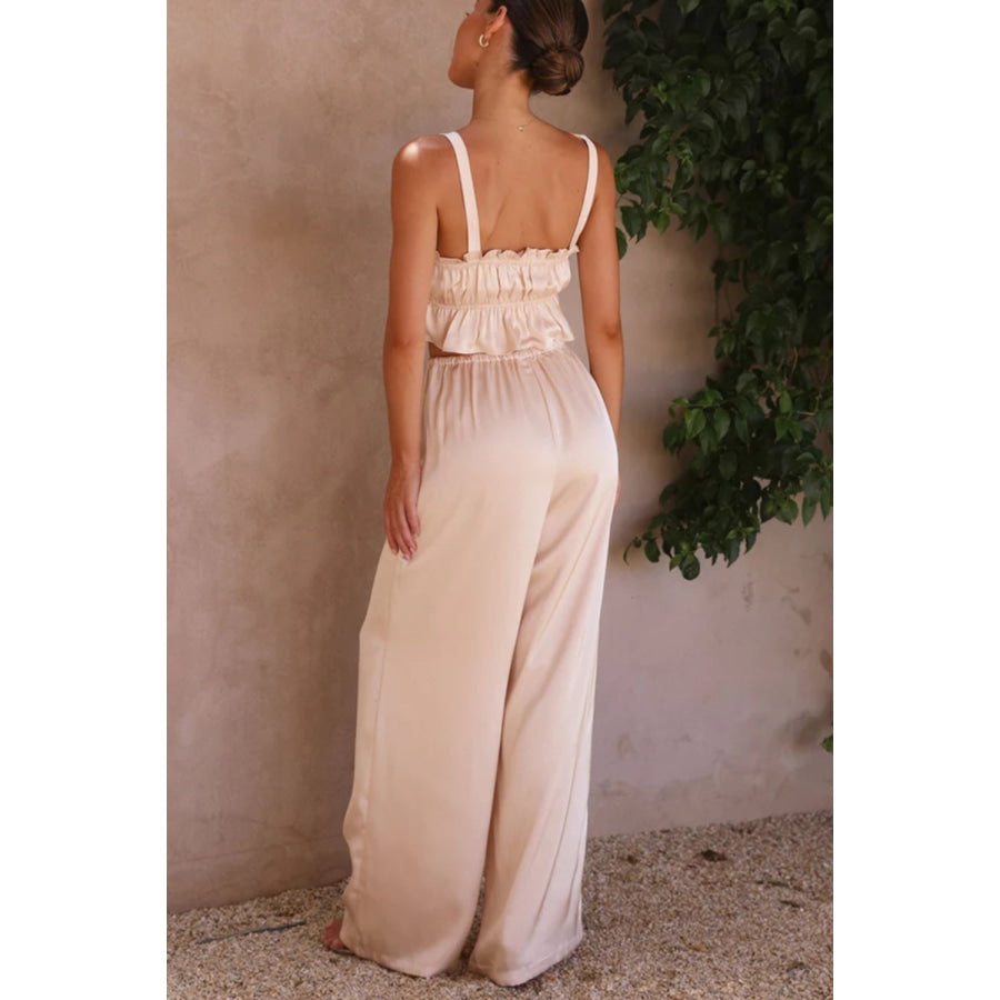 Ruffled Sleeveless Top and Wide Leg Pants Set Apparel and Accessories