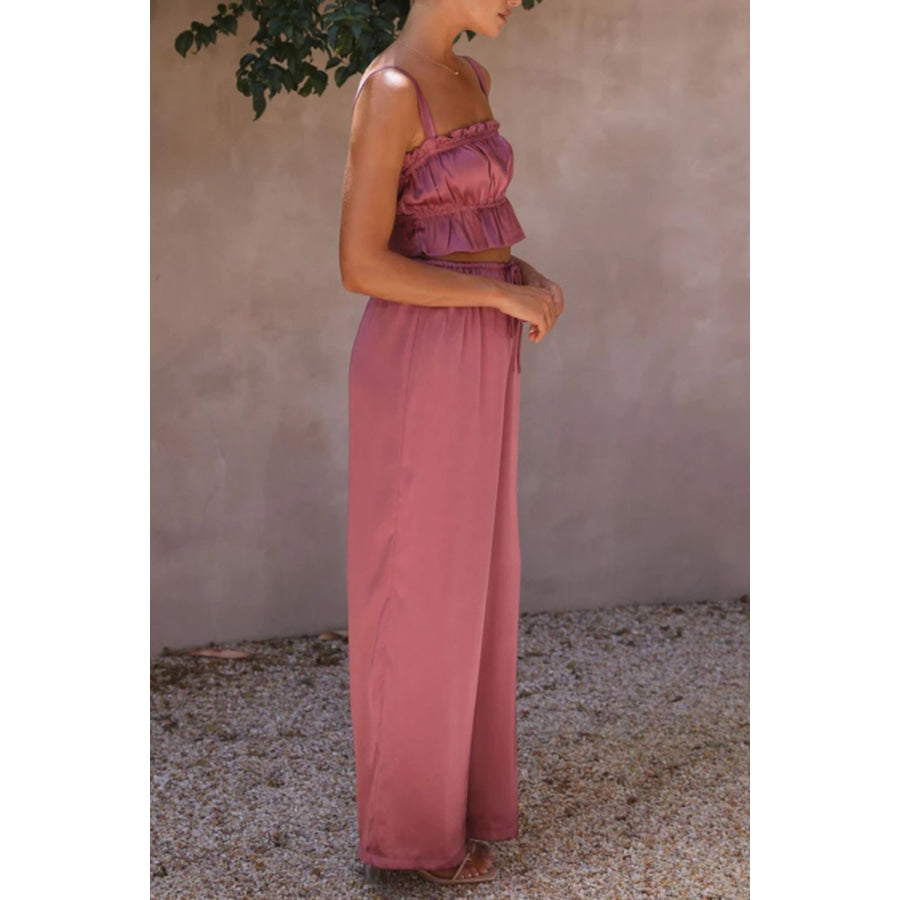 Ruffled Sleeveless Top and Wide Leg Pants Set Apparel and Accessories