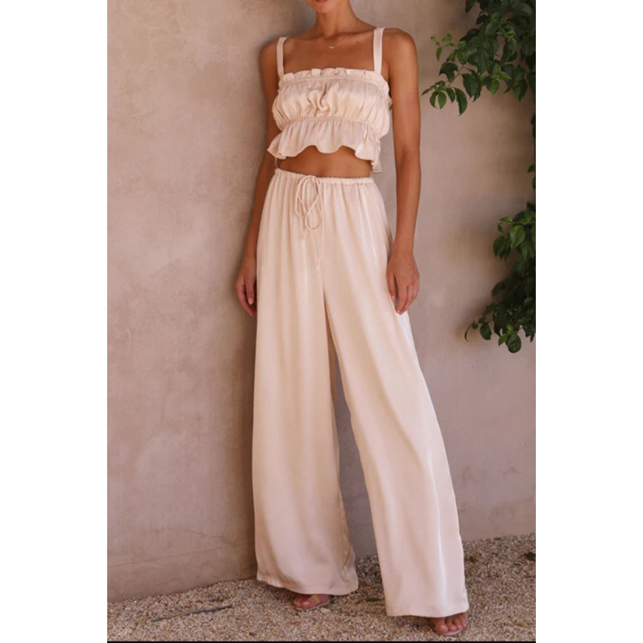 Ruffled Sleeveless Top and Wide Leg Pants Set Apparel and Accessories