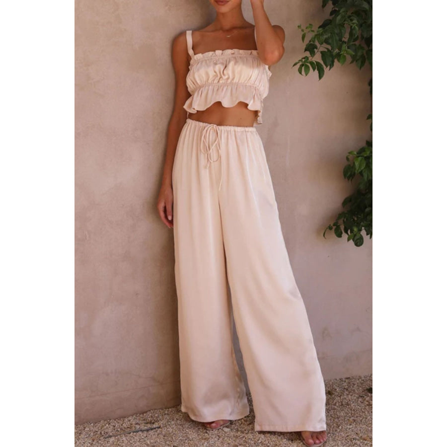 Ruffled Sleeveless Top and Wide Leg Pants Set Apricot / S Apparel and Accessories