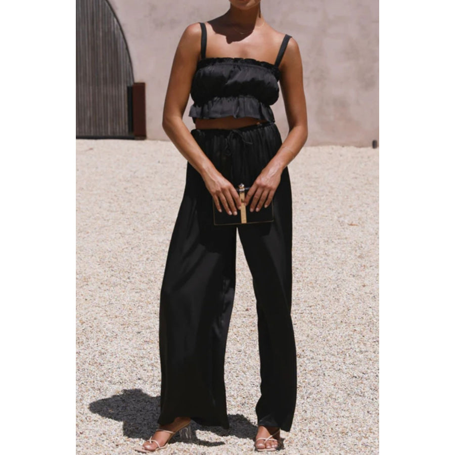 Ruffled Sleeveless Top and Wide Leg Pants Set Black / S Apparel and Accessories