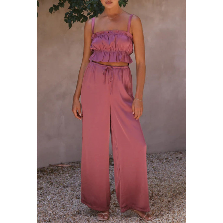 Ruffled Sleeveless Top and Wide Leg Pants Set Deep Rose / S Apparel and Accessories