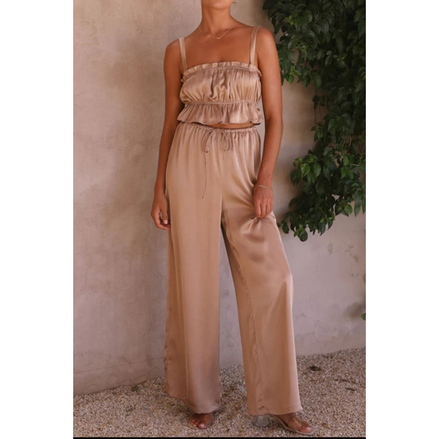 Ruffled Sleeveless Top and Wide Leg Pants Set Mocha / S Apparel and Accessories